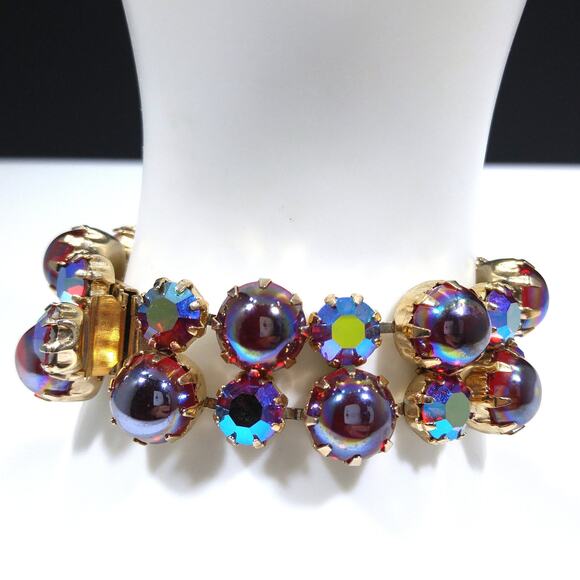 Vintage Jewelry - Mid-Century Red Aurora Borealis Rhinestone Cabochon Bracelet, Gold Plate Vintage